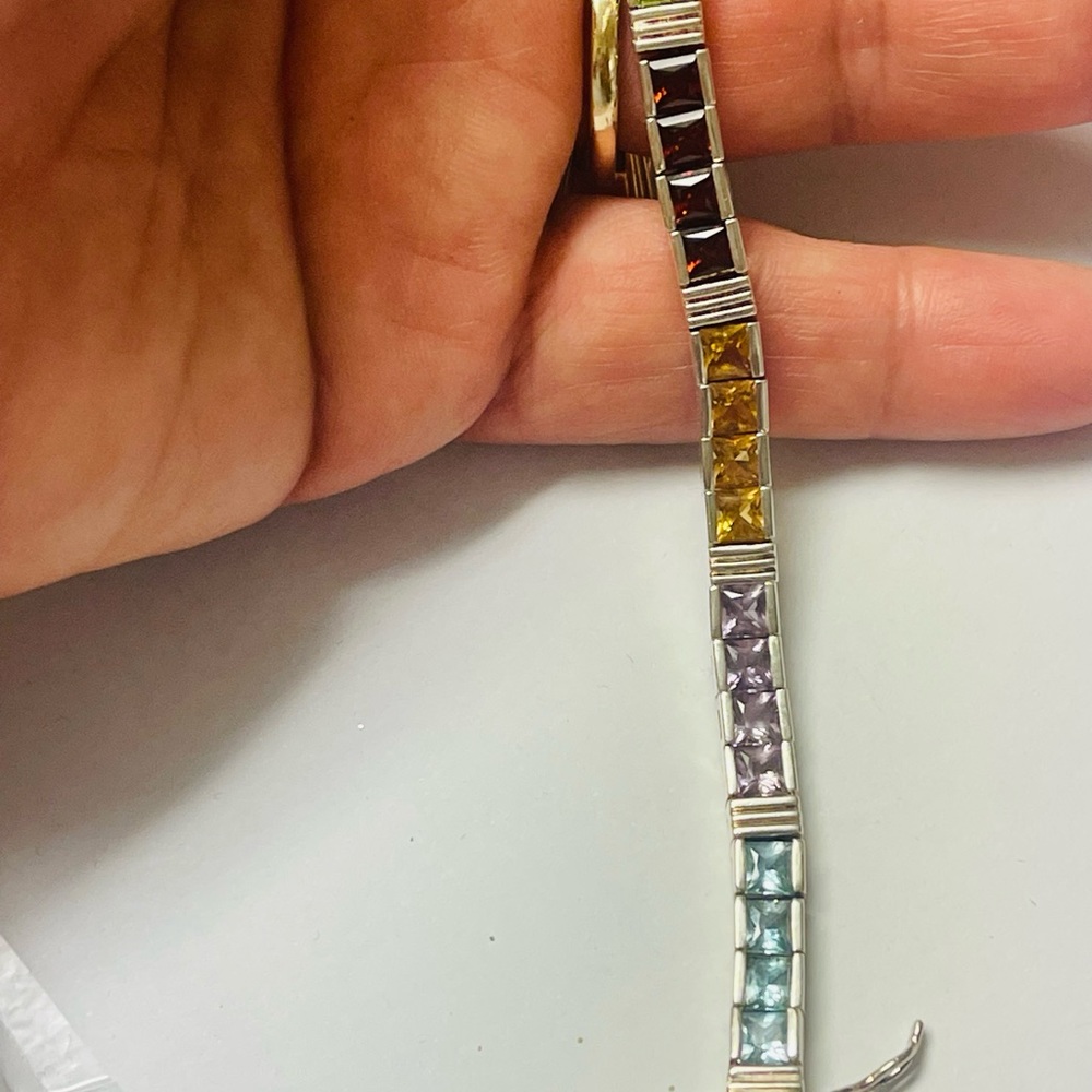 Vintage Sterling Silver Gemstones Tennis Bracelet - Picture 5 of 9